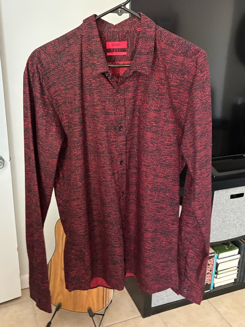 HUGO Boss Mens Extra Slim Fit Shirt Large Pink Black Marl Cotton Long Sleeve